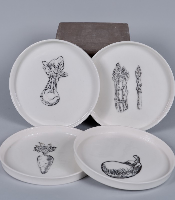 4 Petites assiettes "Végétaux", porcelaine et décor sérigraphié